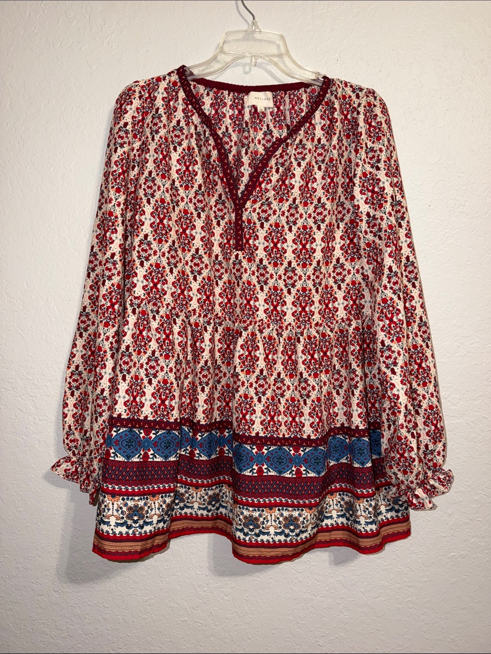 iMELLODAY Long-sleeved Bohemian Top red and white floral print geometric
